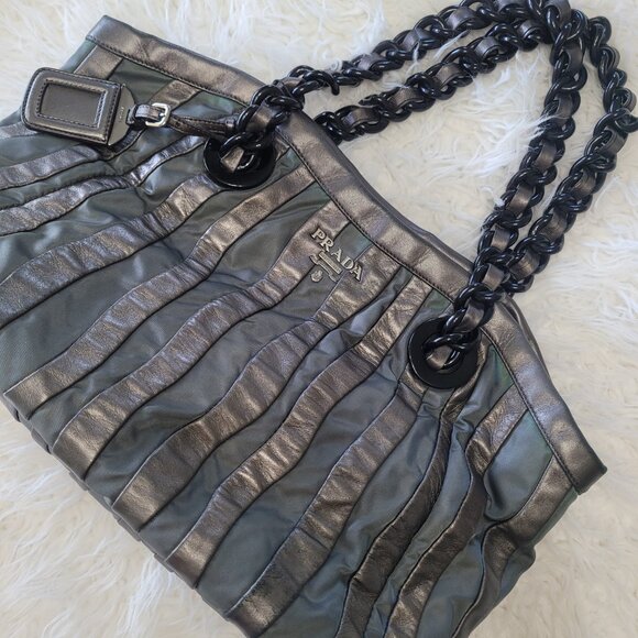 Prada Shoulder Tote Bag Leather Fabric Brown Gray - Picture 6 of 16